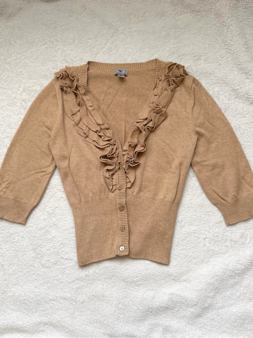 Worthington Camel Ruffle-Trim Button Cardigan